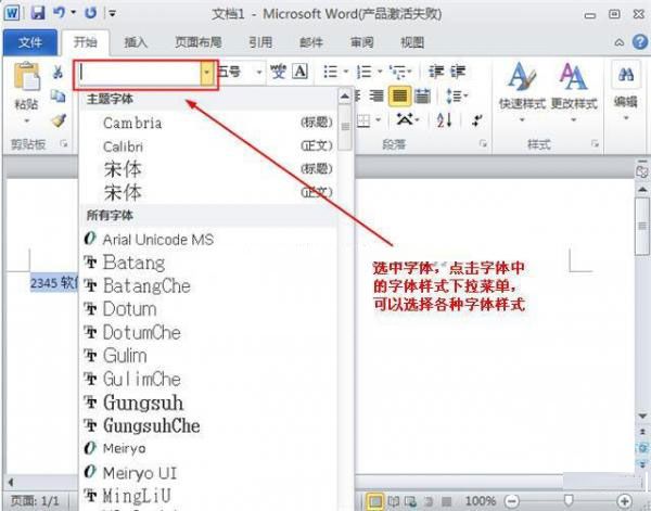 word 2010 中更改文字字体和大小的方法