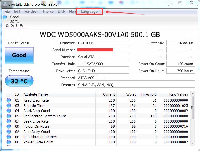 crystaldiskinfo中文界面设置教程