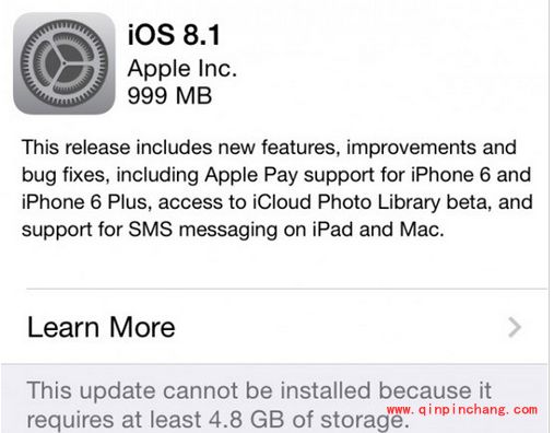 iOS7升级iOS8.1受阻：需庞大的4.8GB OTA